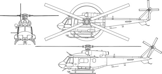 Helicopter technical drawing with front side and top view, detailed aircraft outline vector illustration isolated design