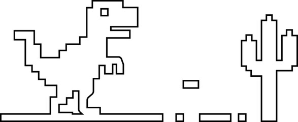 Dinosaur pixel icon retro game style vector silhouettes and outline illustrations, prehistoric animals, desert cactus scene, isolated design element. © WaQar