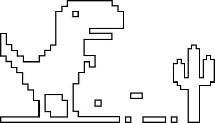 Dinosaur pixel icon retro game style vector silhouettes and outline illustrations, prehistoric animals, desert cactus scene, isolated design element. © WaQar