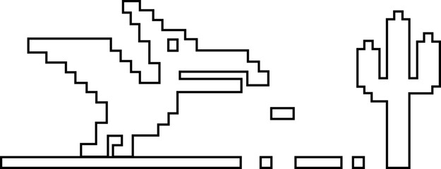 Dinosaur pixel icon retro game style vector silhouettes and outline illustrations, prehistoric animals, desert cactus scene, isolated design element. © WaQar