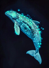 a dolphin swimming in the ocean with glowing blue lights on its body in dark water with copy space a