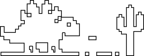 Dinosaur pixel icon retro game style vector silhouettes and outline illustrations, prehistoric animals, desert cactus scene, isolated design element. © WaQar