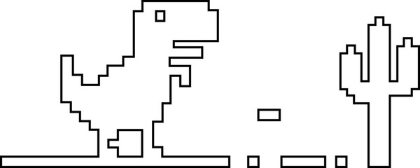 Dinosaur pixel icon retro game style vector silhouettes and outline illustrations, prehistoric animals, desert cactus scene, isolated design element. © WaQar