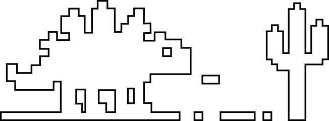 Dinosaur pixel icon retro game style vector silhouettes and outline illustrations, prehistoric animals, desert cactus scene, isolated design element. © WaQar