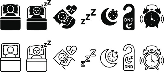Sleep and Bedtime Icon Set Featuring Sleeping Person Moon Alarm Clock and Do Not Disturb Symbols