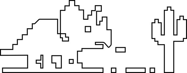 Dinosaur pixel icon retro game style vector silhouettes and outline illustrations, prehistoric animals, desert cactus scene, isolated design element. © WaQar