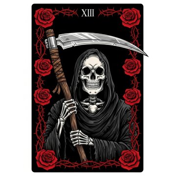 Grim Reaper Holding Scythe in Black Hooded Robe Surrounded by Red Roses and Barbed Wire on Black Background