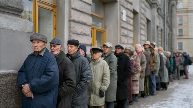 Long queue of people waiting outside an empty state shop in a gray Eastern European winter street, perfect for communist era shortage heritage, Soviet daily life concept, Cold War culture,