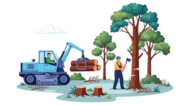 A logger cutting down tree in forest with an axe, while a person operating heavy machinery loading logs onto truck, representing logging industry and wood harvesting