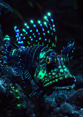 a close-up view of a lionfish with green and blue lights on its body in the dark ocean water with co