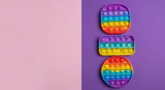 Colorful pop it fidget toys arranged on a purple and pink background