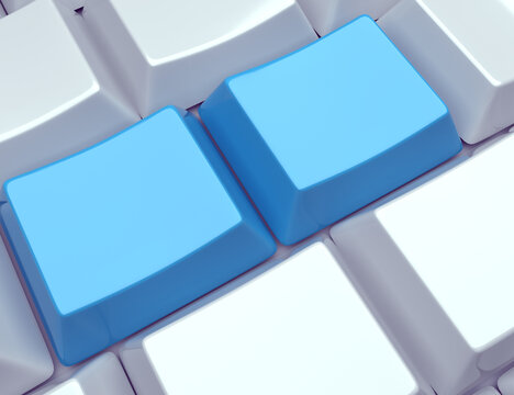 3D rendering of two blank blue keys on a white computer keyboard, mockup template for custom shortcuts and digital interface.