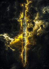 a sword with a glowing yellow light on it in the dark cloudy background close up detail view natural
