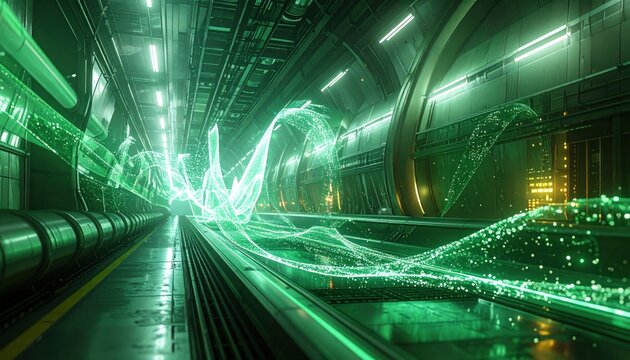 Futuristic Green Energy Flowing Through a High-Tech Tunnel.