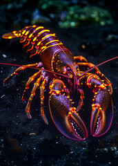 Vibrant colorful lobster on dark ocean floor with natural lighting close up detail view natural ligh