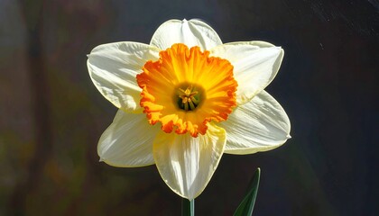 A close-up shot of a daffodil with white petals and a vibrant orange and yellow cup-shaped center. Soft focus background