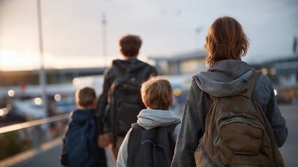 Obraz premium Refugee family arriving at a border crossing carrying essential belongings in bags and backpacks at dawn, perfect for refugee crisis awareness, displacement concept, humanitarian aid, migration