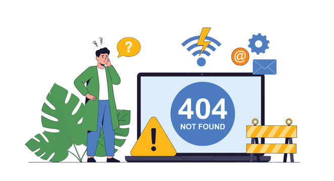 Young man frustrated with computer error 404 not found message on laptop screen technology concept website problem issue connection no internet access computer network failure illustration
