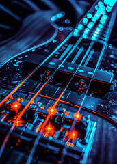 a close-up view of a guitar with blue and orange lights on the fretboard and body, studio shot with