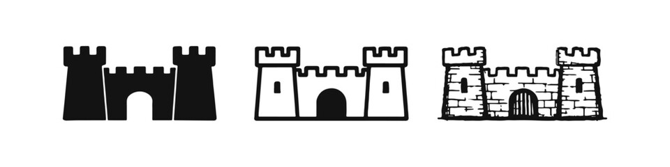 Castle Fortification Icon Set: Solid, Outline, and Hand-Drawn Sketch Styles for Medieval Architecture © drawing lines