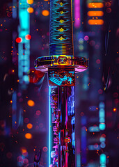A futuristic neon-lit katana with intricate designs in a cyberpunk setting with bokeh lights and cop