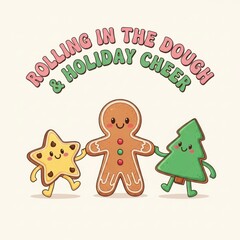 Obraz premium Cartoon gingerbread man and holiday cookies holding hands in festive scene