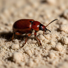 Tribolium castaneum red flour beetle crawling on fine beige powder, detailed macro shot, isolated on transparent background, representing stored product pests.
