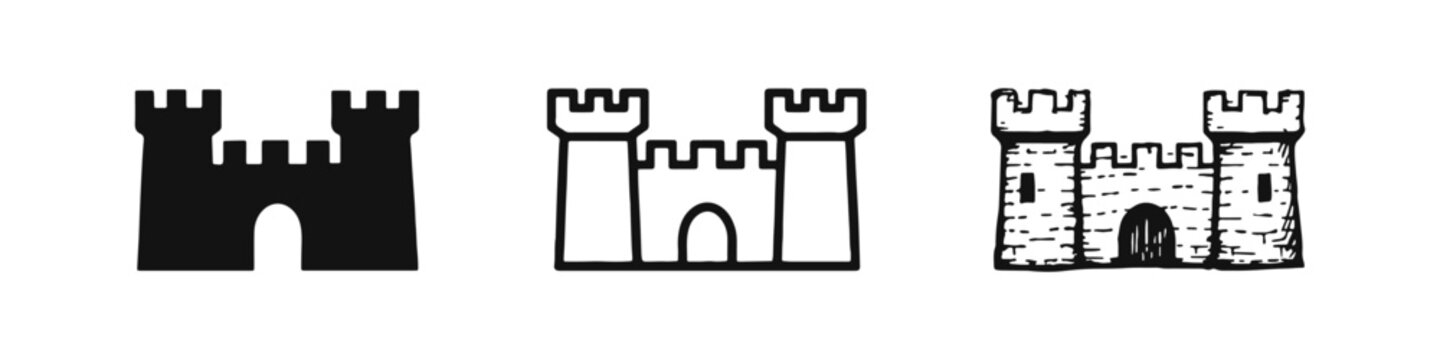 Classic medieval castle icon set in solid, outline, and hand-drawn styles.