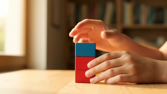Close Up Human Hands Carefully Stacking Colorful Toy Blocks for Logical Thinking Exercise