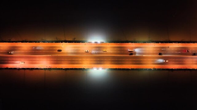 Expressway, Self-driving autonomous electric cars of the future with elements move along a busy traffic intersection. Artificial Intelligence, Car Scan, GPS Tracking, Smart Roads, IoT, highway