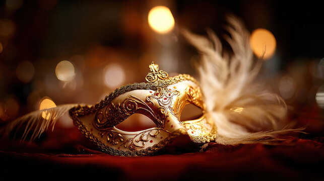 Elegant Venetian masquerade mask with feathers and gold detailing on a dark background. A detailed ornate mask with feathers and gold accents evokes mystery and celebration