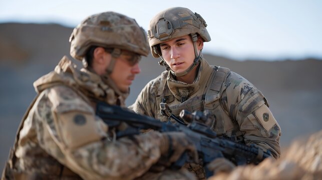 Army recruits learning precise rifle assembly and disassembly blindfolded under instructor supervision, perfect for military weapon training concept, soldier skill development, army precision,