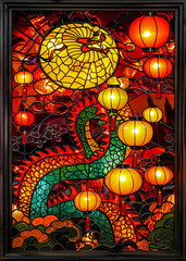 Vibrant stained glass artwork of a dragon surrounded by lanterns in a frame with warm lighting and c