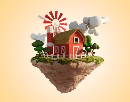 3D rendering of a miniature cartoon red farmhouse with a windmill and trees on a floating rock island, concept for sustainable farming, imagination, and eco-friendly living.