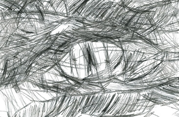 Obraz premium Dynamic line mood abstract graphic drawing expression for background. Close up of a black pencil hatch stroke for design on white paper background