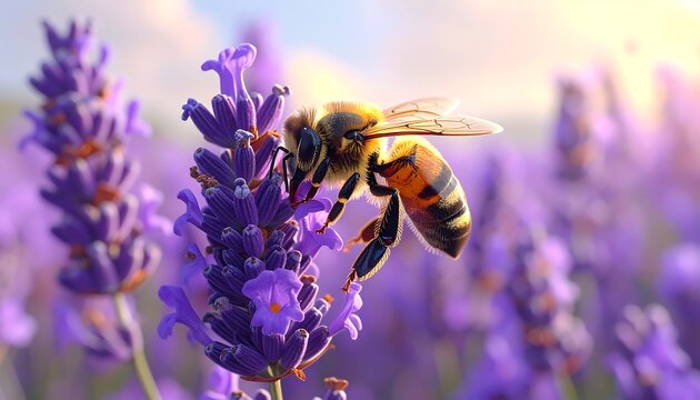 A close-up view of a bee pollinating lavender flowers with a warm, soft-focus background of more lavender