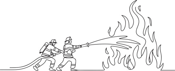One continuous line drawing of The fire fighter brigade is on duty to put out the blazing fire vector illustration. Fire Fighting design. one line Icon drawing