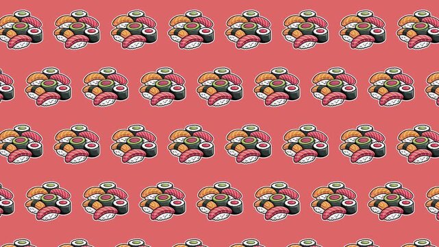 Seamless Sushi Pattern Animated Loopable Background, Japanese Food Cartoon Repeat Design