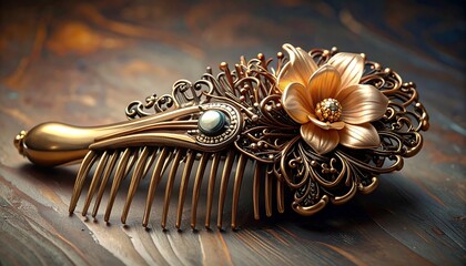 A close-up shot of a decorative comb, intricately crafted with a floral design and metallic finish, resting on a wooden surface