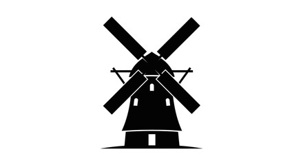 Simple black silhouette of a traditional windmill against a white background © Selim Studio