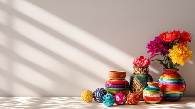 colorful striped vases with decorative balls and artificial flowers in vibrant colors on wooden surface with natural sunlight and empty space on left concept of home decor interior design