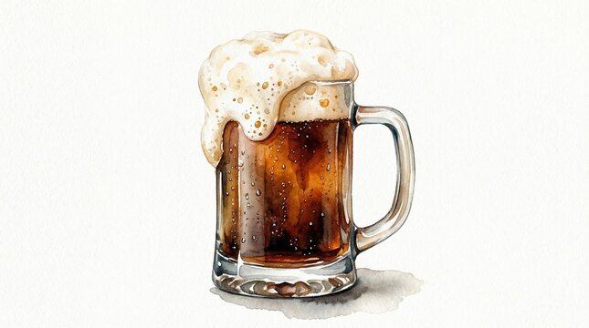 Watercolor illustration of root beer mug with foam, isolated on white background 