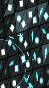 Abstract Digital Grid with Glowing Geometric Shapes and Dynamic Lines.