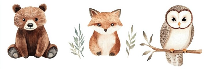 Obraz premium Safari animal set of bear, fox and owl in watercolor style for children's decor and educational materials