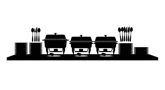 Black silhouette depicting a buffet setup with chafing dishes and plates