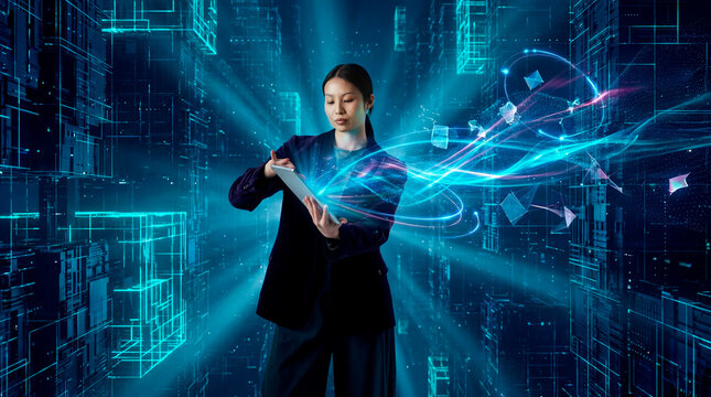 Woman using tablet with digital data stream in virtual technology environment