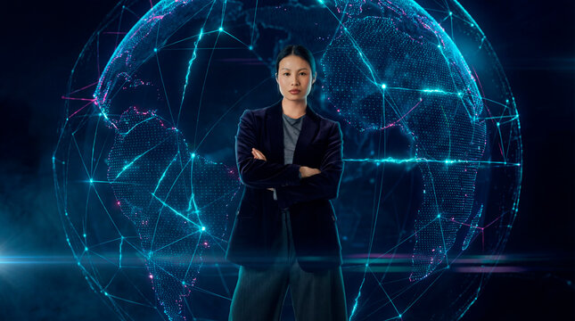 Woman executive standing with digital global network projection