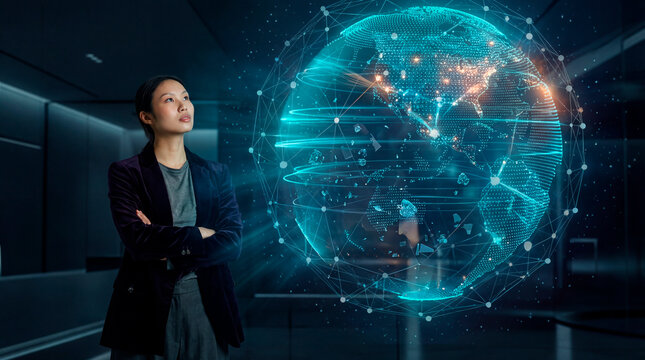 Woman executive observing holographic digital globe in corporate office
