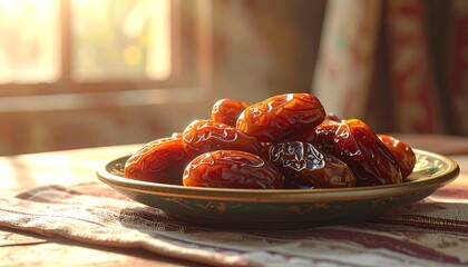 A close-up shot of a decorative plate filled with brown, sweet, dried fruit, with light shining through a window