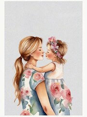 Elegant watercolor illustration of a mother holding her child, for greeting cards, home decor, and Mother's Day designs.